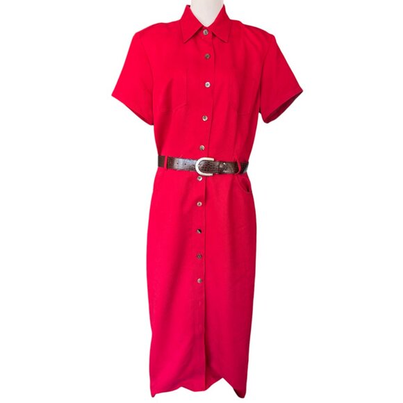 Robbie Bee VTG 90s red button up short sleeve belted long maxi shirt dress sz 14 - Picture 2 of 5